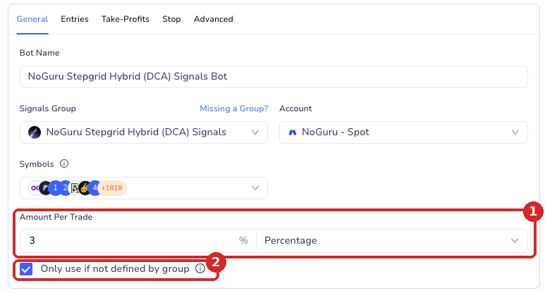 Cornix signals bot, General tab: 1 Amount Per Trade set to 3 % Percentage; 2 Only use if not defined by group ticked